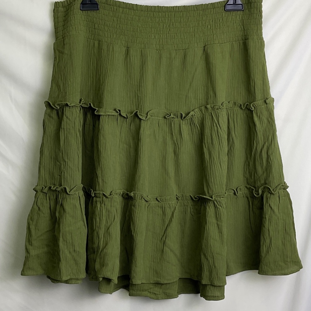 Market & Spruce Smocked Waist Olive Tiered Crinkle Skirt